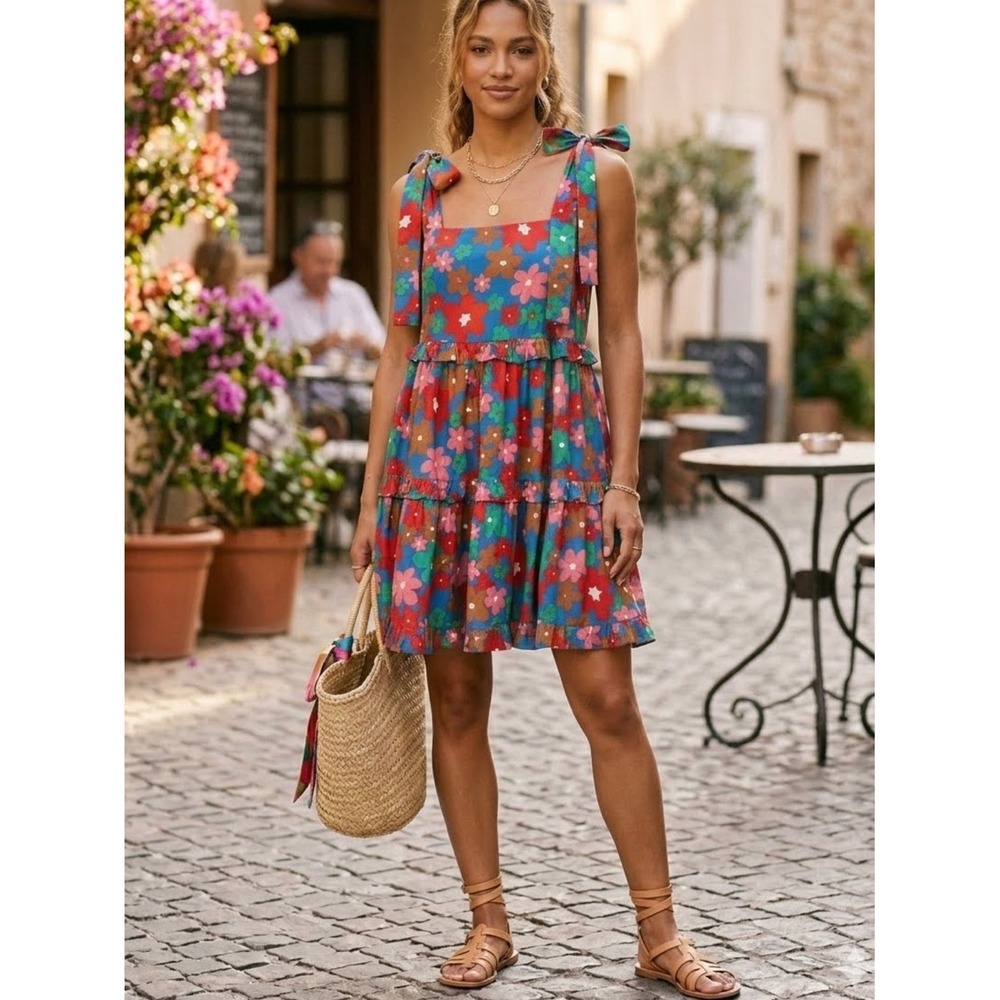 Entro Floral Cotton Tiered Tie Strap Midi Dress Cottagecore Boho Size Small